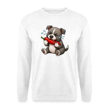 Pitbull Chili Scharf Lustiger Cartoon - Unisex Pullover - Weiß - Vorne - Alina (178cm) & Michal (187cm)