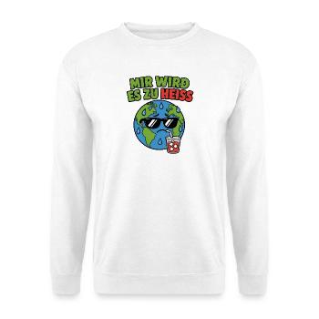 Mir wird es zu heiß – Schwitzende Erde T-Shirt - Unisex Pullover - Weiß - Vorne - Alina (178cm) & Michal (187cm)