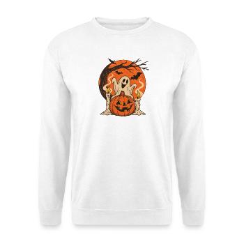 Vintage Halloween Kürbisgeist Kerzen - Unisex Pullover - Weiß - Vorne - Alina (178cm) & Michal (187cm)