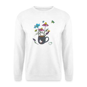 Blumen in einem Becher mit Huhn - Unisex Pullover - Weiß - Vorne - Alina (178cm) & Michal (187cm)