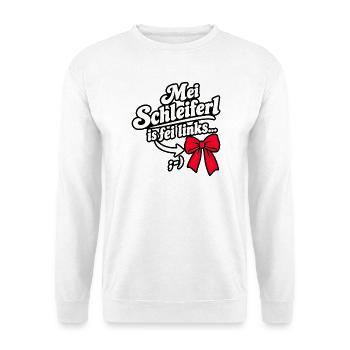 Mei Schleiferl is fei links – Single Dirndl Spaß - Unisex Pullover - Weiß - Vorne - Alina (178cm) & Michal (187cm)