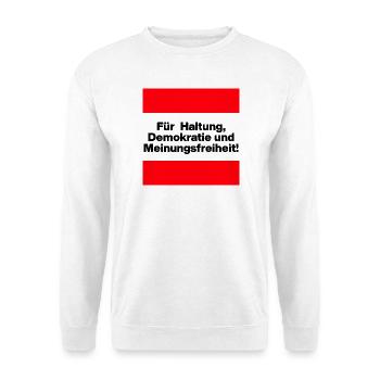 FÜR HALTUNG, DEMOKRATIE UND MEINUNGSFREIHEIT! - Unisex Pullover - Weiß - Vorne - Alina (178cm) & Michal (187cm)
