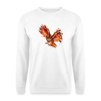 Feuerfarbene Eule im Flug - Unisex Pullover - Weiß - Vorne - Alina (178cm) & Michal (187cm)
