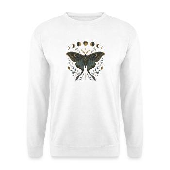 Symmetrische Motte mit Mond – Celestial Dark Goth - Unisex Pullover - Weiß - Vorne - Alina (178cm) & Michal (187cm)