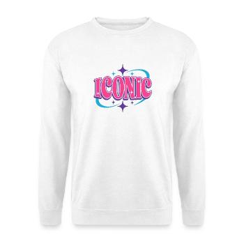 ICONIC Y2K Retro Schriftzug – Nostalgie T-Shirt - Unisex Pullover - Weiß - Vorne - Alina (178cm) & Michal (187cm)