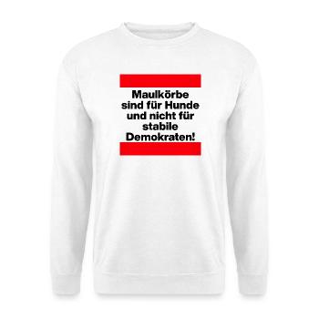PRO MEINUNGSFREIHEIT, MAULKÖRBE SIND FÜR HUNDE - Unisex Pullover - Weiß - Vorne - Alina (178cm) & Michal (187cm)