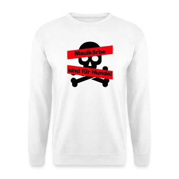 PRO MEINUNGSFREIHEIT, MAULKÖRBE SIND FÜR HUNDE - Unisex Pullover - Weiß - Vorne - Alina (178cm) & Michal (187cm)
