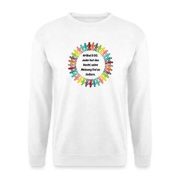 ARTIKEL 5 GG: RECHT AUF MEINUNGSFREIHEIT, GLÜCK - Unisex Pullover - Weiß - Vorne - Alina (178cm) & Michal (187cm)
