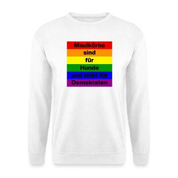 PRO MEINUNGSFREIHEIT, MAULKÖRBE SIND FÜR HUNDE - Unisex Pullover - Weiß - Vorne - Alina (178cm) & Michal (187cm)