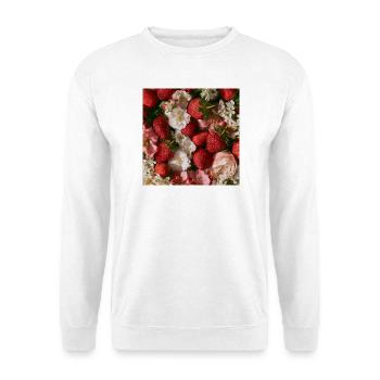 Romantische Erdbeeren und Blumen - Unisex Pullover - Weiß - Vorne - Alina (178cm) & Michal (187cm)