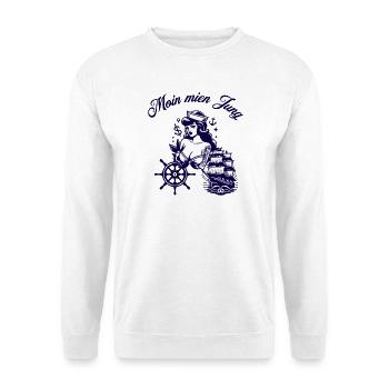 Moin mien Jung – Maritimes Retro Pin Up Tattoo - Unisex Pullover - Weiß - Vorne - Alina (178cm) & Michal (187cm)