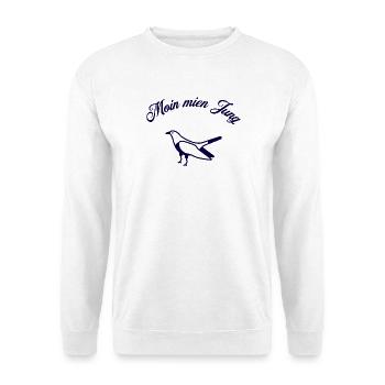 Moin mien Jung – Maritimes Möwe Küstenkind Motiv - Unisex Pullover - Weiß - Vorne - Alina (178cm) & Michal (187cm)