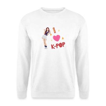 I LOVE K-POP, KOREA, POPKULTUR, FANLIEBE 🇰🇷❤️ - Unisex Pullover - Weiß - Vorne - Alina (178cm) & Michal (187cm)