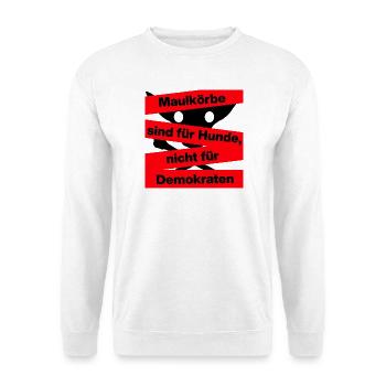 PRO MEINUNGSFREIHEIT, MAULKÖRBE SIND FÜR HUNDE - Unisex Pullover - Weiß - Vorne - Alina (178cm) & Michal (187cm)