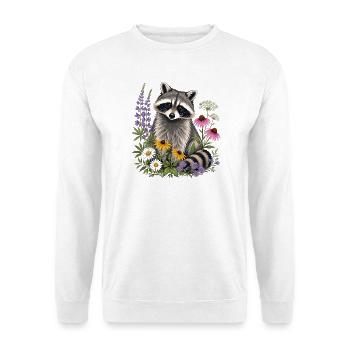 Waschbär im Blumengarten - Unisex Pullover - Weiß - Vorne - Alina (178cm) & Michal (187cm)