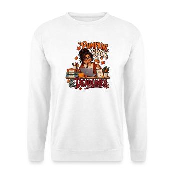 Pumpkin Spice & Deadlines – Herbstbüro - Unisex Pullover - Weiß - Vorne - Alina (178cm) & Michal (187cm)