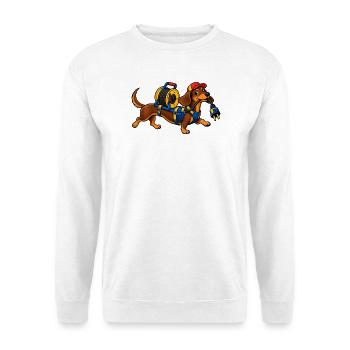 Dackel auf Draht - Unisex Pullover - Weiß - Vorne - Alina (178cm) & Michal (187cm)