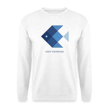 Keep Swimming – Minimalistischer Fisch Spruch - Unisex Pullover - Weiß - Vorne - Alina (178cm) & Michal (187cm)