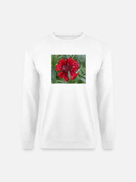 Rote Kleinblattblüte, bedeckt mit Wassertropfen, - Unisex Pullover - Weiß