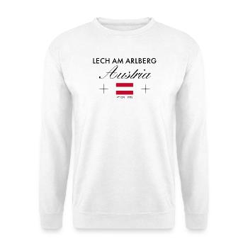 Lech am Arlberg Koordinaten Reise Souvenir - Unisex Pullover - Weiß - Vorne - Alina (178cm) & Michal (187cm)