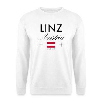 Linz Österreich Koordinaten Reise Souvenir - Unisex Pullover - Weiß - Vorne - Alina (178cm) & Michal (187cm)
