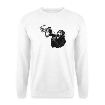 WHO’S THE REAL ARTIST? – Gorilla Megaphone - Unisex Pullover - Weiß - Vorne - Alina (178cm) & Michal (187cm)