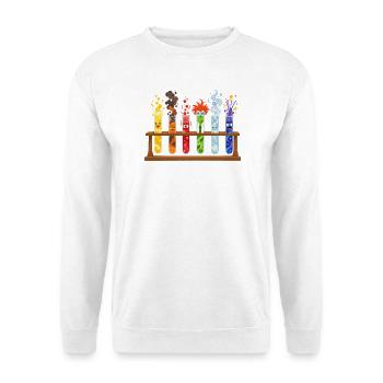 Bunte Reagenzgläser Comicstil - Unisex Pullover - Weiß - Vorne - Alina (178cm) & Michal (187cm)