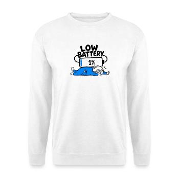 Niedriger Akku – Funny Cat Geek 1% Akku - Unisex Pullover - Weiß - Vorne - Alina (178cm) & Michal (187cm)