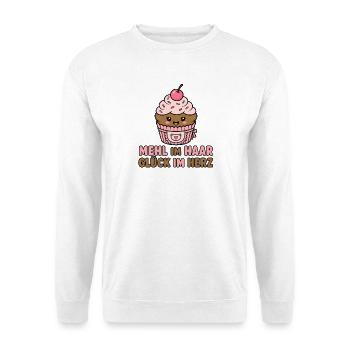 Mehl im Haar Glück im Herz Backen Cupcake Design - Unisex Pullover - Weiß - Vorne - Alina (178cm) & Michal (187cm)