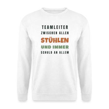 Teamleiter Zwischen allen Stühlen - Büro Humor - Unisex Pullover - Weiß - Vorne - Alina (178cm) & Michal (187cm)
