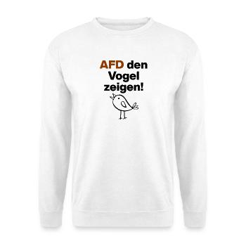 AFD den Vogel zeigen! NIE WIEDER, NO NZS, NO AFD - Unisex Pullover - Weiß - Vorne - Alina (178cm) & Michal (187cm)