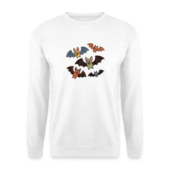 Niedliche Cartoon-Fledermäuse, die in einer spielerischen Gruppe fliegen - Unisex Pullover - Weiß - Vorne - Alina (178cm) & Michal (187cm)
