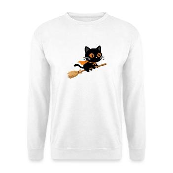 Süße schwarze Katze mit orangefarbenem Umhang auf einem Besenstiel - Unisex Pullover - Weiß - Vorne - Alina (178cm) & Michal (187cm)