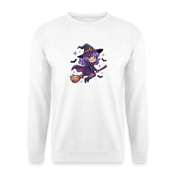 Süße Hexe mit lila Haaren, die auf einem Besen fliegt - Unisex Pullover - Weiß - Vorne - Alina (178cm) & Michal (187cm)