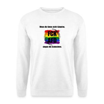 FCK AFD Protest Design - Bunt statt Braun Flagge - Unisex Pullover - Weiß - Vorne - Alina (178cm) & Michal (187cm)