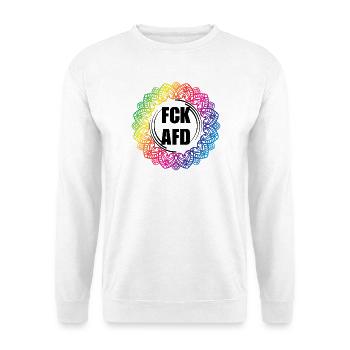 FCK AFD Regenbogen Mandala - Bunt statt Braun - Unisex Pullover - Weiß - Vorne - Alina (178cm) & Michal (187cm)