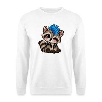 Punk Waschbär mit blauem Iro – Stickmotiv Optik - Unisex Pullover - Weiß - Vorne - Alina (178cm) & Michal (187cm)