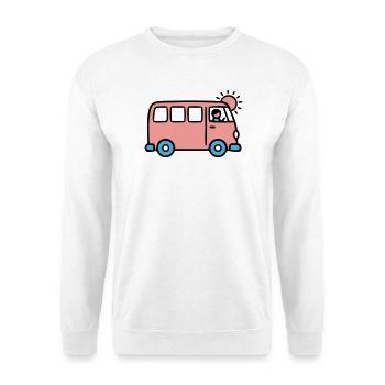 Pinker Schulbus Grafik - Unisex Pullover - Weiß - Vorne - Alina (178cm) & Michal (187cm)
