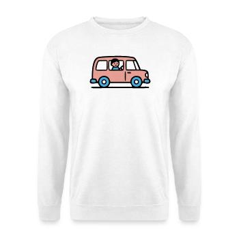 Pinker Schulbus Grafik - Unisex Pullover - Weiß - Vorne - Alina (178cm) & Michal (187cm)