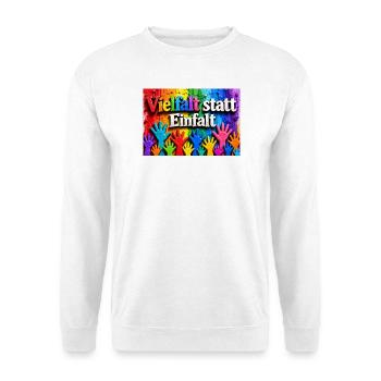 Vielfalt statt Einfalt bunte Handabdrücke - Unisex Pullover - Weiß - Vorne - Alina (178cm) & Michal (187cm)
