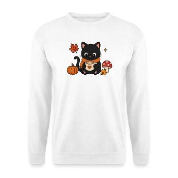 Gemütliche Schwarze Katze Kaffee Herbst Kürbis - Unisex Pullover - Weiß - Vorne - Alina (178cm) & Michal (187cm)