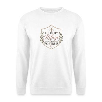 Er ist meine Zuflucht und Festung - Unisex Pullover - Weiß - Vorne - Alina (178cm) & Michal (187cm)