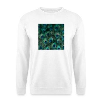 Smaragdgrüne Pfauenfedern - Unisex Pullover - Weiß - Vorne - Alina (178cm) & Michal (187cm)