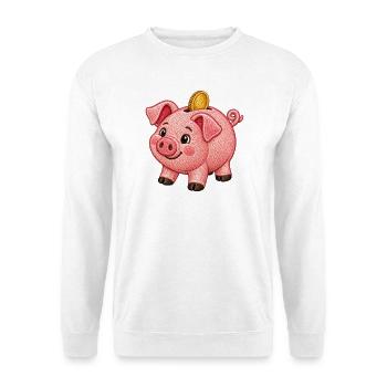 Niedliches Sparschwein im Stickerei-Look - Unisex Pullover - Weiß - Vorne - Alina (178cm) & Michal (187cm)