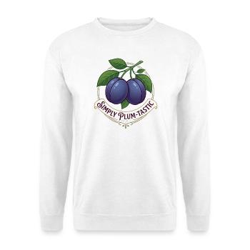 Two Plums Simply Plum-tastic Vintage-Logo - Unisex Pullover - Weiß - Vorne - Alina (178cm) & Michal (187cm)