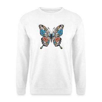 Blüten Schmetterling Blattwerk - Unisex Pullover - Weiß - Vorne - Alina (178cm) & Michal (187cm)