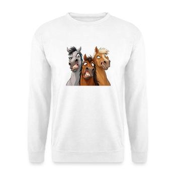 Drei Cartoon-Streichpferde - Unisex Pullover - Weiß - Vorne - Alina (178cm) & Michal (187cm)