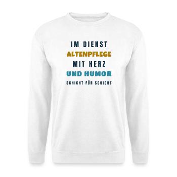 Altenpflege mit Herz und Humor - Geschenk Pflege - Unisex Pullover - Weiß - Vorne - Alina (178cm) & Michal (187cm)