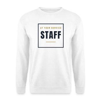 Staff Stempel Retro - Personal Service Look - Unisex Pullover - Weiß - Vorne - Alina (178cm) & Michal (187cm)