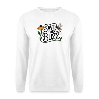 SAVE THE BUZZ – Bienen und Biodiversität - Unisex Pullover - Weiß - Vorne - Alina (178cm) & Michal (187cm)